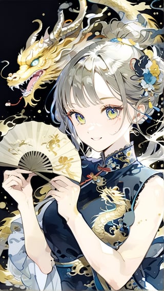 //quality
masterpiece, best quality, aesthetic, 
//Character
1girl, (large breasts:1.1), 
beautiful detailed eyes, big eyes, bun hair
//Fashion
The girl, dressed in a (Cheongsam adorned with a golden dragon on a black background:1.0), exudes elegance and mystery in her beautiful appearance. Her hair is black and glossy, styled elegantly. Her expression is gentle, with a constant smile that seems to bring happiness to those around her. The Cheongsam fits her body perfectly, with intricate dragon patterns delicately drawn throughout(Glowing slightly). 
girl holding (big fan adorned with a golden dragon on a black background)
//Background 
(watercolor:0.6),more detail XL