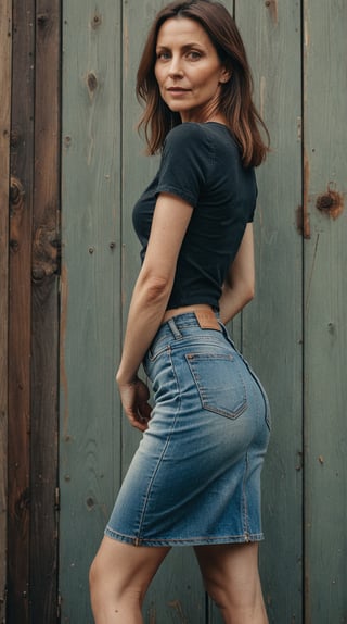 raw realistic photo of three beautiful 40-45 year old woman wearing denim skirts, cinematic, godlyphoto r3al,detailmaster2,aesthetic cinematic colors, earthy, full body, inst4 style, loukong1,skirtlift, showing ass