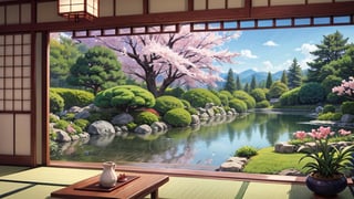 A comfortable Japanese-style room with a large scenic view of a Japanese garden where cherry blossoms are in full bloom, inspired by the artistic style reminiscent of manga artist Midorikawa Yuki, with an emphasis on gentle and soft colors. The scene should evoke a peaceful and serene atmosphere, aiming for a 16:9 aspect ratio. The composition should capture the essence of a tranquil Japanese setting in anime style, reflecting the unique blend of detail and simplicity characteristic of Midorikawa Yuki's work.