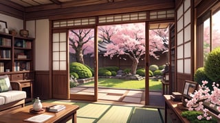 A study room designed in the wabi-sabi aesthetic, featuring extensive bookshelves and a large scenic view of a Japanese garden with cherry blossoms in full bloom. This setting is depicted in the soft and gentle anime style reminiscent of manga artist Midorikawa Yuki, emphasizing gentle and soft colors. The room combines the beauty of imperfection and the simplicity of the wabi-sabi philosophy with the serene beauty of the cherry-blossom-filled garden, aiming for a serene and contemplative atmosphere. The composition is designed for a 16:9 aspect ratio, capturing the essence of a peaceful study environment influenced by both traditional Japanese aesthetics and Midorikawa Yuki's style.