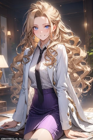 masterpiece, best quality, extremely detailed, (illustration, official art:1.1), 1 girl ,25 years old, long blonde hair, low 4 drill hair, big eyes, hair pulled back,  masterpiece, best quality, blue eyes, white shirt, black tie, Purple skirt, very long hair, white background, ((High-end white coat long-sleeve working)), Mature, Cheerful, brown boots, Exquisite images, Cheerful smile