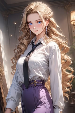 masterpiece, best quality, extremely detailed, (illustration, official art:1.1), 1 girl ,25 years old, long blonde hair, low 4 drill hair, big eyes, hair pulled back,  masterpiece, best quality, fine blue eyes, white shirt, black tie, Purple skirt, very long hair, white background, ((High-end white coat long-sleeve working)), Mature, Cheerful, brown boots, Exquisite images, smile, mature female figure, whole body,Realistic Blue Eyes