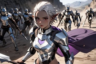 ((Soldiers injured and dead on war ground)),break armor,(Fighting on the battlefield with a spear wielding it: 1.5), hair choppy ,hair pulled back ,short hair, right side braid, bronze skin,((masterpiece, best quality, newest)),white hair, elf ears ,1 girl, 25 year old, marnie hair,dark skin, Sexy figure, beautiful red eyes, (((Left only 1 mole under eye:1.5))) , black turtleneck long sleeves wetsuit ,black thigh high over the knee socks , (silver armor : 1.5), (silver armor lower body),((purple cloak on the behind back Shoulder)), hateful, Detailed images,nhdsrmr,scenery, ,Beautiful Eyes,Image line smoothing, eyes on the camera, dynamic,Bria