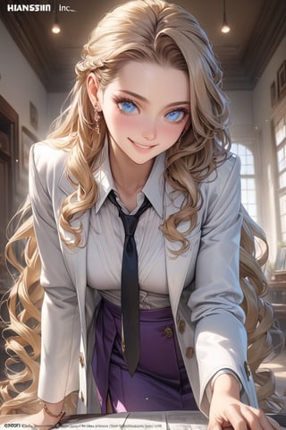 masterpiece, best quality, extremely detailed, (illustration, official art:1.1), 1 girl ,25 years old, long blonde hair, low 4 drill hair, big eyes, hair pulled back,  masterpiece, best quality, fine blue eyes, white shirt, black tie, Purple skirt, very long hair, white background, ((High-end white coat long-sleeve working)), Mature, Cheerful, brown boots, Exquisite images, smile, mature female figure, whole body,Realistic Blue Eyes