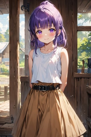 Here is a high-quality, coherent, and stable diffusion prompt for you:

A 10-year-old Minori Kushieda stands upright, wearing a white sleeveless Crop Tops T-shirt with a focus on the brown skirt and black belt. Her short purple hair is tied up in a ponytail with no intake hair. She has air bangs with fringe bangs and a hime cut. Her facial expression is a cute smile with blush on her cheeks. She wears brown shoes and has extremely detailed, realistic purple eyes with beautiful irises. In the background, there's a simple setting with a sense of depth. The image should be in high-resolution 8K, with best quality, ultra-detailed hair, and stunningly rendered eyes. The overall atmosphere is kawaii, with a true beauty and affectionate smile, making her a lovely little girl.
