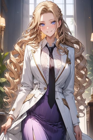 masterpiece, best quality, extremely detailed, (illustration, official art:1.1), 1 girl ,25 years old, long blonde hair, low 4 drill hair, big eyes, hair pulled back,  masterpiece, best quality, fine blue eyes, white shirt, black tie, Purple skirt, very long hair, white background, ((High-end white coat long-sleeve working)), Mature, Cheerful, brown boots, Exquisite images, Cheerful smile, mature female figure, 
whole body
