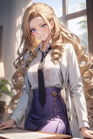 masterpiece, best quality, extremely detailed, (illustration, official art:1.1), 1 girl ,25 years old, long blonde hair, low 4 drill hair, big eyes, hair pulled back,  masterpiece, best quality, fine blue eyes, white shirt, black tie, Purple skirt, very long hair, white background, ((High-end white coat long-sleeve working)), Mature, Cheerful, brown boots, Exquisite images, Cheerful smile