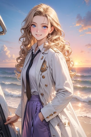 masterpiece, best quality, extremely detailed, (illustration, official art:1.1), 1 girl ,25 years old, long blonde hair, low 4 drill hair, big eyes, Sunset kissing the tranquil ocean, hair pulled back,  masterpiece, best quality, fine blue eyes, white shirt, black tie, Purple skirt, very long hair, white background, ((High-end white coat long-sleeve working)), Mature, Cheerful, brown boots, Exquisite images, Cheerful smile, mature female figure, 
whole body,Realistic Blue Eyes