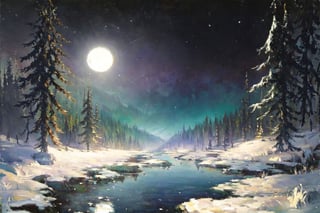 Oil painting with a heavy texture, midnight,  depicting a snow-white full moon shining on the forest and a clear big lake surface, with the moon's reflection visible on the water. The background consists of snowy forests in Norway, with rough, short, and rapid brushstrokes portraying wave-like or spiral patterns. The strokes are arched, rough, and intense, with extremely thick paint layers to enhance the oil painting effect. The moon should be emphasized with vibrant colors, occupying the main visual position in the painting, and showcasing abundant light and shadow details.,The image evokes a sense of sadness and loneliness.,xyzabcwalls,Oil Painting