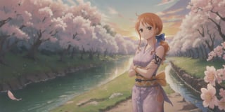 masterpiece, best quality, highres, 1girl wears kimono under sakura tree, sakura trees in background, sunset in background, patals on ground, nami (one piece), long hair, orange hair, low ponytail, hair bow, blue bow, brown eyes, bracelet, sash, obi,  crossed arms, frown,nami (one piece)