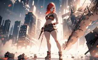 1_girl, military soldier, tall and strong, hourglass body, ((full body in view)), cute and sexy, red hair, blue eyes, smirking, large breasts, wearing camouflage bra and sexy camouflage mini shorts, (bare arms, bare shoulders) tall lace up boots, midriff, // standing in a large battlefield, the remains of a large battle are in the backround, damaged buildings, fires, smoke, rubble, wide angle view, and18, midjourney