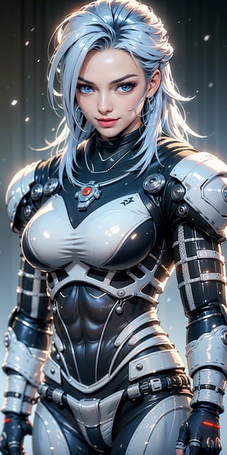 Best picture quality, high resolution, 8k, realistic, sharp focus, realistic image of elegant lady, Korean beautyl, pure white hair, blue eyes, wearing high-tech cyberpunk style blue mecha suit, radiant Glow, sparkling suit, mecha, perfectly customized high-tech suit, muscular fit body, custom design, 1 girl, dynamic pose, bored face, lazy smile, ((black background:1.2)) , studio vibe 