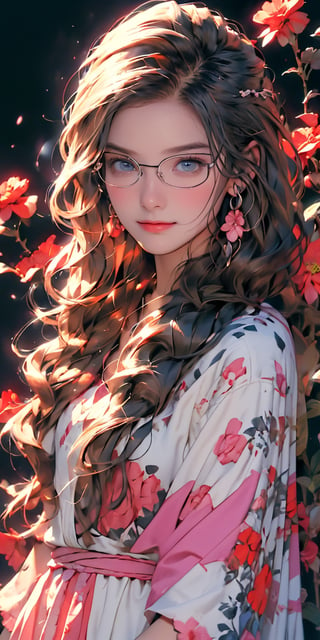 4k,best quality,masterpiece,20yo 1girl,(pink girly dress with floral illustrations, frills, bored face, lazy smile, thin rimmed eyeglasses 

(Beautiful and detailed eyes),
Detailed face, detailed eyes, double eyelids ,thin face, real hands, muscular fit body, semi visible abs, ((short hair with long locks:1.2)), black hair, black background, sunlit front 


real person, color splash style photo,
