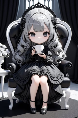 (3D-figure,chibi,blythe-doll,)(masterpiece,ultra detailed,high-quality,8k,professional,UHD,)Gothic theme, dark theme, black gothic dress, gothic makeup, tea time,Monochrome gothic room,sitting on a chair 
,holding a teacup, hair ornaments, white silver gradient hair,(blunt  bangs, curly hair),black carpet floor,black cats