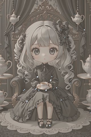 (3D-figure,chibi,blythe-doll,)(masterpiece,ultra detailed,high-quality,8k,professional,UHD,)Gothic theme, dark theme, black gothic dress, gothic makeup, tea time,Monochrome gothic room,sitting on a chair 
,holding a teacup, hair ornaments, white silver gradient hair,(blunt  bangs, curly hair),black carpet floor,black cats