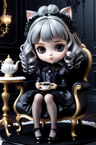 (3D-figure,chibi,blythe-doll,)(masterpiece,ultra detailed,high-quality,8k,professional,UHD,)Gothic theme, dark theme, black gothic dress, gothic makeup, tea time,Monochrome gothic room,sitting on a chair 
,holding a teacup, hair ornaments, white silver gradient hair,(blunt  bangs, curly hair),black carpet floor,black cats