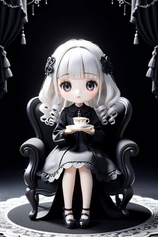 (3D-figure,chibi,blythe-doll,)(masterpiece,ultra detailed,high-quality,8k,professional,UHD,)Gothic theme, dark theme, black gothic dress, gothic makeup, tea time,Monochrome gothic room,sitting on a chair 
,holding a teacup, hair ornaments, white silver gradient hair,(blunt  bangs, curly hair),black carpet floor,black cats