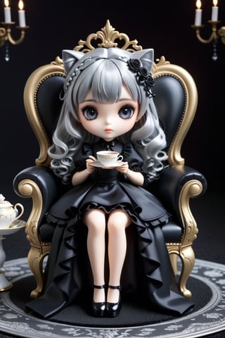 (3D-figure,chibi,blythe-doll,)(masterpiece,ultra detailed,high-quality,8k,professional,UHD,)Gothic theme, dark theme, black gothic dress, gothic makeup, tea time,Monochrome gothic room,sitting on a chair 
,holding a teacup, hair ornaments, white silver gradient hair,(blunt  bangs, curly hair),black carpet floor,black cats