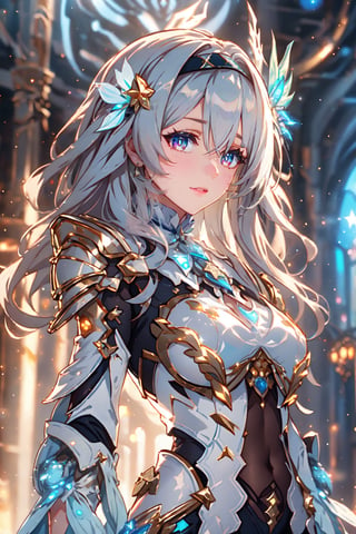 Masterpiece, best quality, 1girl, firefly (honkai: star rail), grey hair, hair between eyes, hairband, hair ornament, two-tone eyes, (blush, smile), wearing white silver mecha armor with gold trim, upper body, from below, looking down, helmet off,(((white grey mech4rmor))), heavy armor, vibrant, starry sky scenery, holding flame, beautiful details, depth of field,cinematic, anime screenshot,