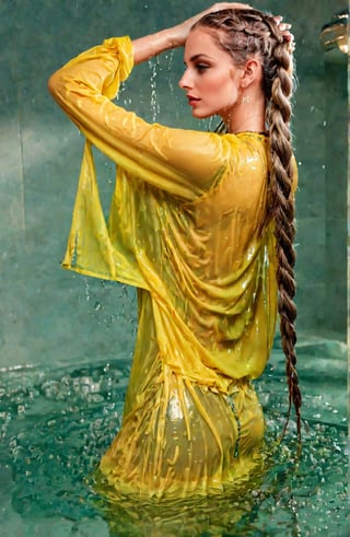 (8K, raw image,) highest quality, (masterpiece: 1.4), beautiful girl (Age 21).  Dripping wet hair, wetlook, wet clothes.she fell fully clothed in a swimming pool.  . .She is slim and her body is very attractive.  She is clothed and completely wet. She is wearing a ((light wet yellow cotton blouse,old fashioned, sleeves, decorated, (very much fabric))), ((her beautiful breasts)) and the ((two dark nipples shimmering through)).  The ((long))) fabric of the skirt floats in the water.  She has very (((long, ((wet)),drenched, blonde hair))) with (((two braided plaits))), which are also ((drenched,wet, soaked)). She is wet all over. She has a very feminine tight waist. The tight belt emphasizes her feminine figure. Narrow shoulder.Wet hair, wet skin, wet clothes.
Skinny fit, slim waist, smart painting, cool, perfect proportions, ((big eyes)), straight nose, full lips. (((full body shot))),Dynamic angles, drenched clothes, drenched long hair,very erotic composition. Wetshirt, wetlook, dripping wet hair, drenches hairstyling,photorealistic.  (((full body, zoom out))). Dramatic light,moulding her beautifull body, producing reflects on the dripping wet hair.

,wetshirt,Extremely Realistic,secret,Pakistani dress
