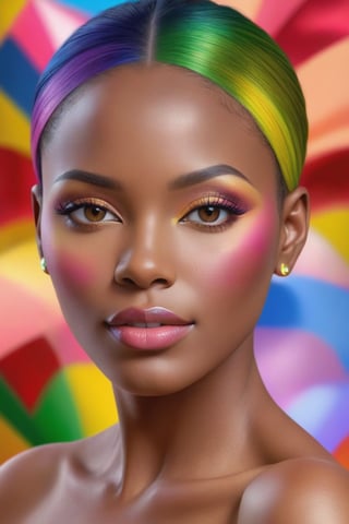 PHOTO REALISTIC, portrait, African, bright picture, female , 27 years old, multi- beautiful makeup , seductive face , score_9 , score_8_up , score_7_up , score_6_up , score_5_up , score_4_up , UHD , 8K , masterpiece , Ultra detailed photo , photo real , realistic high detailed body, anatomic correct, ultra_high_resolution , lots of detail , natural_skin , Extremely Realistic female, hands out of view, multi-color hair, multi-color background.