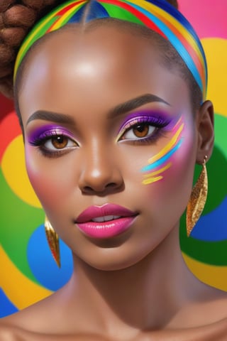 PHOTO REALISTIC, portrait, African, bright picture, female , 27 years old, multi- beautiful makeup , seductive face , score_9 , score_8_up , score_7_up , score_6_up , score_5_up , score_4_up , UHD , 8K , masterpiece , Ultra detailed photo , photo real , realistic high detailed body, anatomic correct, ultra_high_resolution , lots of detail , natural_skin , Extremely Realistic female, hands out of view, multi-color hair, multi-color background.