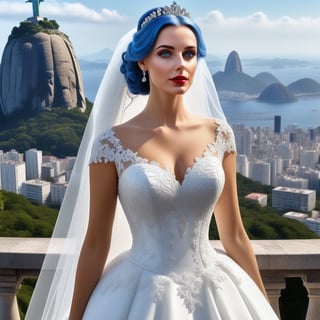 sfw, beautiful lady, (white wedding dress, background "Cristo_Redentor" Rio de Janeiro, image score_9, score_8_up, score_7_up, score_6_up, score_5_up, score_4_up, UHD, 8K, masterpiece, ultra-realistic, Ultra detailed photorealistic background, photoreal, realistic high detailed, ultra_high_resolution, anatomic correct bodies, wedding_castle, Extremely Realistic, lots of detail, wedding_party, crowded, full_body_visible, long_wavy_blue_hair, hair_wedding_decoration, veil_wedding_dress. red_lips,  bue_eyes.