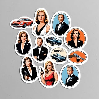 sticker_layout, 5 different stickers with one 007_bond_gril from different movies, one_sticker_ completely_white, one_sticker_removed, one_sticker_used, females_and_objects_only.