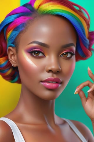 PHOTO REALISTIC, portrait, African, bright picture, female , 27 years old, multi- beautiful makeup , seductive face , score_9 , score_8_up , score_7_up , score_6_up , score_5_up , score_4_up , UHD , 8K , masterpiece , Ultra detailed photo , photo real , realistic high detailed body, anatomic correct, ultra_high_resolution , lots of detail , natural_skin , Extremely Realistic female, hands out of view, multi-color hair, multi-color background.