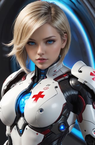 Best quality, masterpiece, 1girl, blonde hair, Detailed, Ultra detailed, deep blue eyes, starcraft 2 Nova, short hair, spacial sci fi background, white suit with red details, red cross on the chest, pov_eye_contact, sexy pose, hot body, thick hips, medium_breasts, latexsuit, using a futuristic bif healing machine, photorealistic, black shoulders, Armor, (full body shot:1.15) 