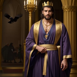 1man, king, long beard, gold necklace, (stocky), short black hair, mature, gold crown, crow's feet, beautiful purple robe,