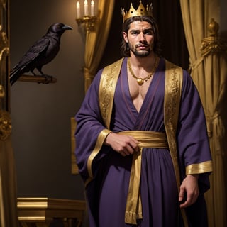 (((1man))), king, long beard, gold necklace, (stocky), short black hair, mature, gold crown, crow's feet, beautiful purple robe,

((photorealistic, masterpiece, high details, best quality, UHD 32K, RAW photo), looking at camara, front view, medium body shot, far angle shot, fashion photography, professional photographer, elegant, very detailed, colorful, attractive, beautiful,