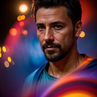 In this stunning 8K photograph, (135mm), film, professional, Extreme Close Up view, the gaze of a spanish man, 40 years old, short black hair, shaved, transports yours to a whimsical realm where dreamlike wonders await. Amid a haunting backdrop of deep purple and sapphire blue, he stands tall, his piercing eyes and shaven skin glowing under the warm glow of a radiant light. The fantastical landscape revolves around him, a kaleidoscope of vibrant colors (crimson red, sunshine yellow and iridescent blues) that harmonize with his masculine features, blur background,Germany Male