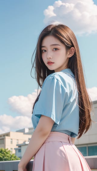 mid body, beautiful south korean school girl in street, professional photography, depth in field, pastel colors, high quality, sky, clouds, background blur