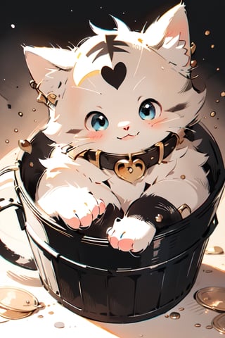 a girl, anime, neko girl , cat ears, gold earing, sitting bucket, more color, hd , high details