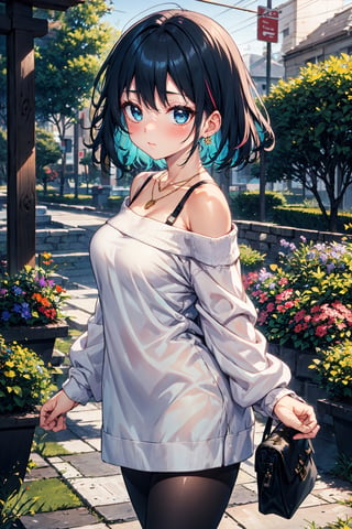 1girl, solo, breasts, looking at viewer, blush, short hair, bangs, blue eyes, large breasts, black hair, long sleeves, dress, holding, bare shoulders, jewelry, closed mouth, blue hair, standing, flower, pantyhose, multicolored hair, cowboy shot, outdoors, day, necklace, off shoulder, bag, bra, from side, sweater, tree, black pantyhose, plant, black bra, white sweater, sweater dress, off-shoulder sweater, bra strap