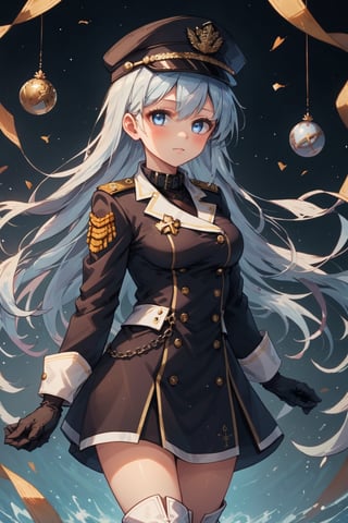 (best quality), looking at viewer, 1girl, solo, cowboy shot, long hair, very_long_hair, light-blue hair, blue eyes, medium breasts, (white military uniform), over-knee boots, white long boots, high heels, military cap, full-arm-gloves, black gloves, black_cross_ornaments, black collar, cowboy shot, 
,
,Animatoon

