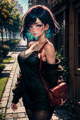 1girl, solo, breasts, looking at viewer, blush, short hair, bangs, blue eyes, large breasts, black hair, long sleeves, dress, holding, bare shoulders, jewelry, closed mouth, blue hair, standing, flower, pantyhose, multicolored hair, cowboy shot, outdoors, day, necklace, off shoulder, bag, bra, from side, sweater, tree, black pantyhose, plant, black bra, white sweater, sweater dress, off-shoulder sweater, bra strap