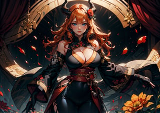 1girl, solo, long hair, breasts, looking at viewer, bangs, blue eyes, blonde hair, large breasts, black hair, hair ornament, gloves, cleavage, bare shoulders, closed mouth, standing, flower, multicolored hair, cowboy shot, detached sleeves, japanese clothes, horns, black gloves, elbow gloves, pants, orange hair, sash, petals, clothing cutout, obi, black pants, cleavage cutout, red flower, skull
