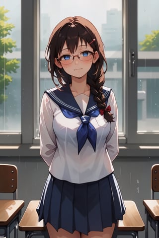 masterpiece, best quality, intricate details, lens flare, (vibrant_color:1.2), 1girl, solo, long hair, blue eyes, black hair, hair ornament, braid, single braid, glasses, one hairclip, locks over her left eye, hair over her left eye, mole, mole under right eye, navy blue skirt, pleated skirt, shy, blush, school uniform, (white serafuku:1.4), white shirt, blue sailor collar, neckerchief, long sleeves, arms and hands behind back, (expressionless:1.3), smile, classroom background, rain behind window, frontal view, from front
