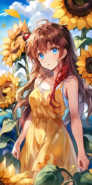 asuka langley soryu, yellow dress, sundress,long hair,bangs, blue eyes, brown hair,((holding sunflowers))