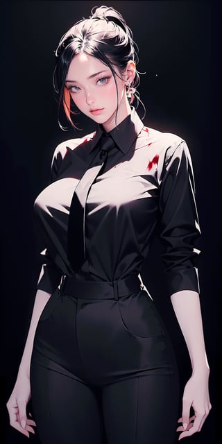 braided ponytail, girl figure,big breasts,ringed eyes, black hair, ybalck eyes, collared shirt, black necktie, black pants, black coat, cowboy shot, facing viewer, hands behind back, dark background, (blood on shirt),blood, light smile, glowing eyes,  wide eyes, darkness, red dress