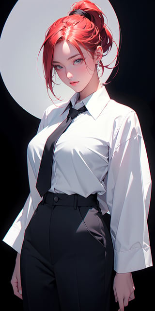  makima, braided ponytail, girl figure,big breasts,ringed eyes, red hair, yellow eyes, collared shirt, black necktie, black pants, black coat, cowboy shot, facing viewer, hands behind back, dark background, (blood on shirt),blood, light smile, glowing eyes,  wide eyes, darkness, silhouette,