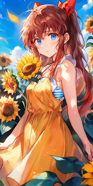 asuka langley soryu, yellow dress, sundress,long hair,bangs, blue eyes, brown hair,((holding sunflowers))