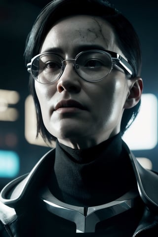 woman, glasses with chrome lenses, without eyes, no eyes, futuristic, cyberpunk, extremely detailed texture, ultra-realistic, cinematic lighting, photorealistic, cinematographic, atmosphere of suspicion, terror scene, ultra realistic, extremely detailed