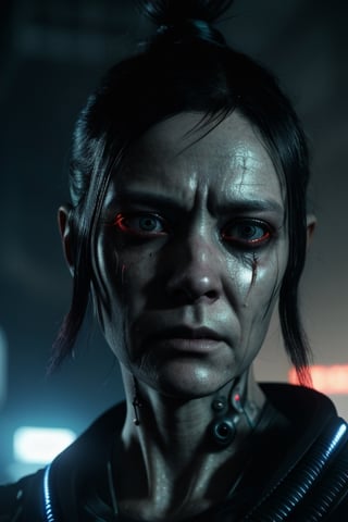 woman, cyberpunk face, alien eyes, futuristic, cyberpunk, extremely detailed texture, ultra-realistic, cinematic lighting, photorealistic, cinematographic, atmosphere of suspicion, terror scene, ultra realistic, extremely detailed