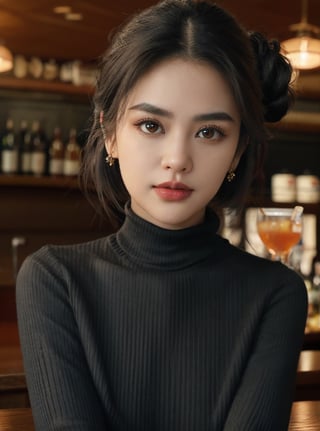 #McBane: photo of extremely sexy indonesian woman, a sexy student, closeup portrait upsweep updo, (red tight long sleeve turtleneck top), at a  bar, masterpiece, photorealistic, best quality, detailed skin, intricate, 16k, HDR, cinematic lighting, sharp focus, eyeliner, painted lips, earrings, extremely sexy seductive black eyes, perfect, pokies. 