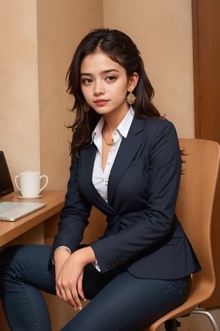 lovely  cute  young  attractive  indian  teenage  girl  in office black suit  ,  23  years  old  ,  cute  ,  an  Instagram  model  ,  long  blonde_hair  ,  colorful  hair   , sitting on the chair „  Indian 