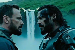Cinematic close up of [Mecha machine] having a heated conversation with [Man with futuristic black exploration clothing + mid length dark beard]. Scene: iceland with waterfall on background. asymmetric, muted colors, triadic colors, professional color grading, film grain. low angle. --ar 21:9, cinematic style,Movie Still,More Reasonable Details,Movie Aesthetic,Film_Grain