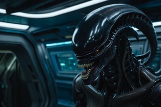 A close-up scene from a movie, a rabid Xenomorph, its black and lustrous skin manages to reflect the cold colors of the ship, expansive background of the interior of a spaceship, cold and metallic colors, science fiction, cinematic, movie, 8k, dark, aptured by Nkon F6, 200mm film